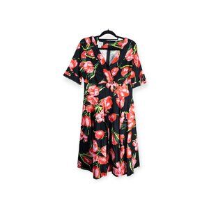 Unique Vintage Black & Red Floral Dress With Half Sleeves XL